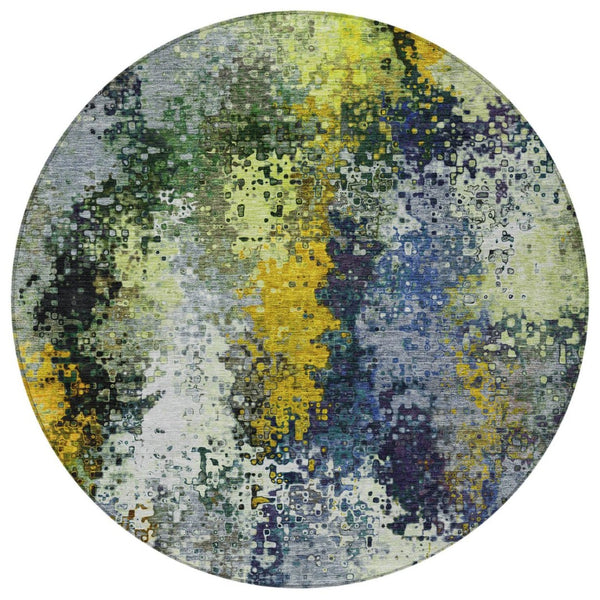 HomeRoots 8' Round Abstract Area Rug in Green, Gold & Charcoal - Washable, Durable for Indoor & Outdoor Use 639994