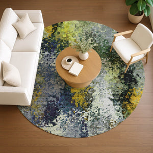 HomeRoots 8' Round Abstract Area Rug in Green, Gold & Charcoal - Washable, Durable for Indoor & Outdoor Use 639994