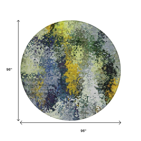 HomeRoots 8' Round Abstract Area Rug in Green, Gold & Charcoal - Washable, Durable for Indoor & Outdoor Use 639994