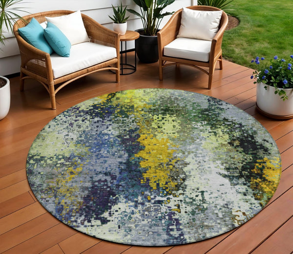 HomeRoots 8' Round Abstract Area Rug in Green, Gold & Charcoal - Washable, Durable for Indoor & Outdoor Use 639994