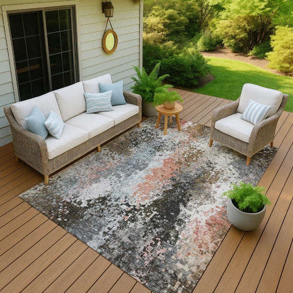 HomeRoots 5' X 8' Abstract Area Rug in Granite Gray, Ivory & Coral - Washable, Durable for Indoor/Outdoor Use 639999