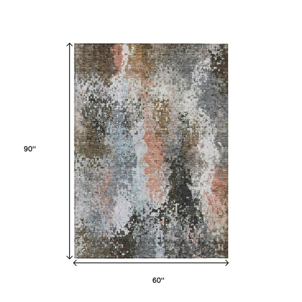 HomeRoots 5' X 8' Abstract Area Rug in Granite Gray, Ivory & Coral - Washable, Durable for Indoor/Outdoor Use 639999