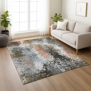 HomeRoots 5' X 8' Abstract Area Rug in Granite Gray, Ivory & Coral - Washable, Durable for Indoor/Outdoor Use 639999