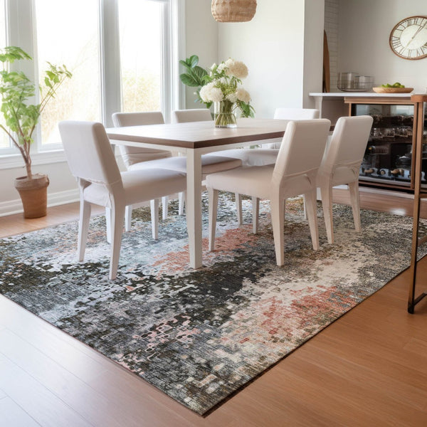 HomeRoots 5' X 8' Abstract Area Rug in Granite Gray, Ivory & Coral - Washable, Durable for Indoor/Outdoor Use 639999