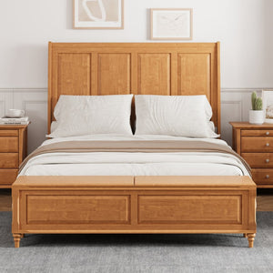English Elm Queen Sleigh Bed Solid Rubberwood Walnut Finish Curved Headboard Footboard Storage Bench W1716S00035