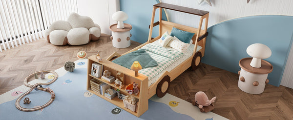 English Elm Twin Pine Treehouse Floor Bed with Padded Rails and Cabin Roofline for Kids W1580S00472