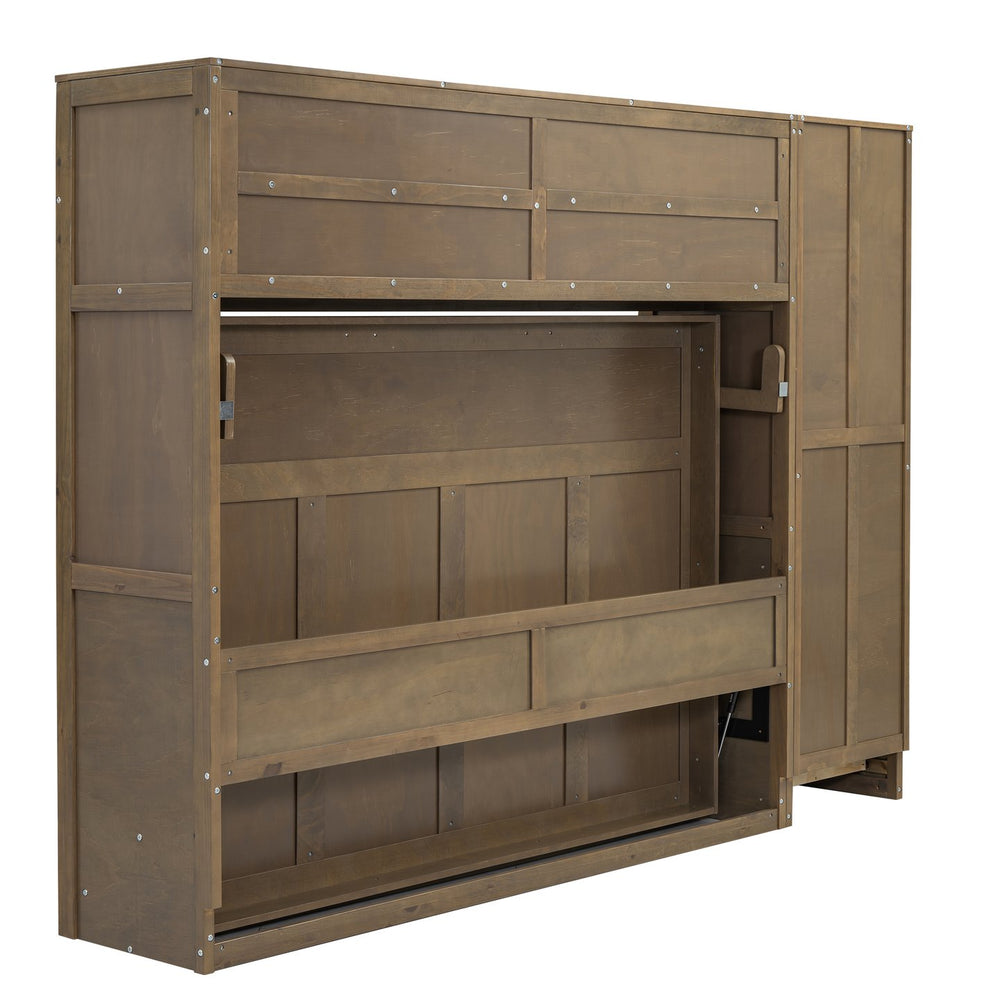 English Elm Full Full Size Murphy Bed with Wardrobe, Drawers & Open Shelves in Antique Wood—Space Saving Solution GX000388AAE