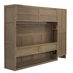 English Elm Full Full Size Murphy Bed with Wardrobe, Drawers & Open Shelves in Antique Wood—Space Saving Solution GX000388AAE