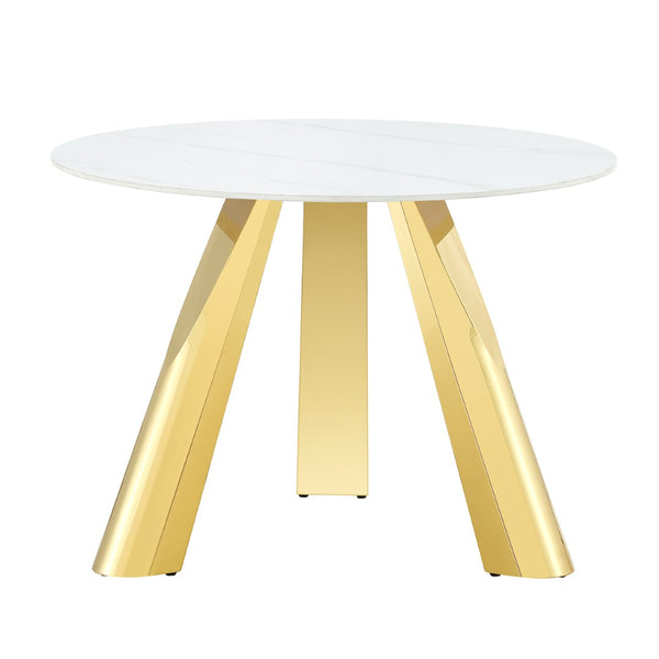 English Elm Table 5-Piece Dining Set With 42-Inch Round Snow Mountain White Top & Elegant Gold Leg Chairs W2920S00045-GIGA