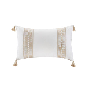 JLA Home Harbor House Blue - Embroidered Cotton Faux-Linen Oblong Pillow with Taupe Stitching and Tassel Accents for Coastal Charm 20 L x 12 W x 5H HH30-1694