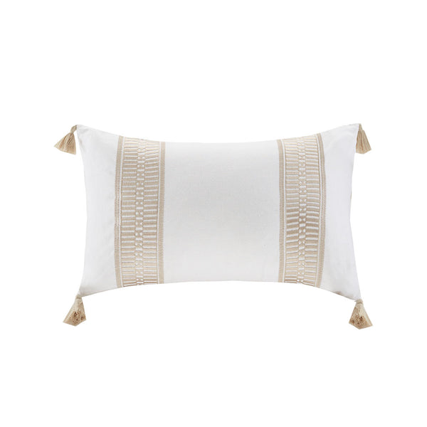 JLA Home Harbor House Blue - Embroidered Cotton Faux-Linen Oblong Pillow with Taupe Stitching and Tassel Accents for Coastal Charm 20 L x 12 W x 5H HH30-1694