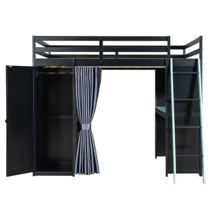 English Elm Full Size Wood Loft Bed with Wardrobe Desk Shelves Rgb Lighting and Blackout Curtains Black+Blue LT000269AAC-1