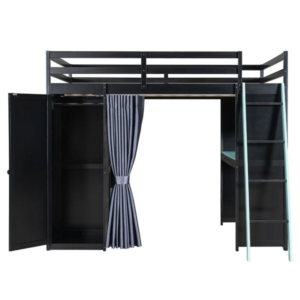 English Elm Full Size Wood Loft Bed with Wardrobe Desk Shelves Rgb Lighting and Blackout Curtains Black+Blue LT000269AAC-1