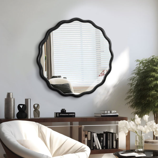 English Elm Solid Wood Wavy Mirror – Modern 36" Decorative Wall Art For Brightening Bathrooms & Living Spaces W1445P189599-GIGA