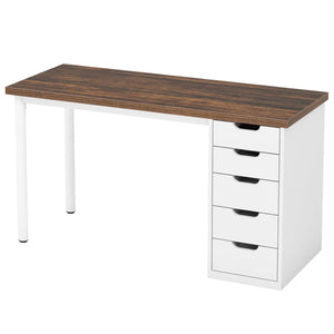 English Elm Classic Five Drawer Writing Desk with Round Metal Legs and White Engineered Wood Top T3971P453625