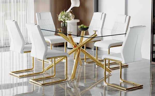 English Elm Table Modern Luxurious 6-Piece Dining Set With Transparent Glass Top, Gold Accents & White Chairs W1151S02587-GIGA