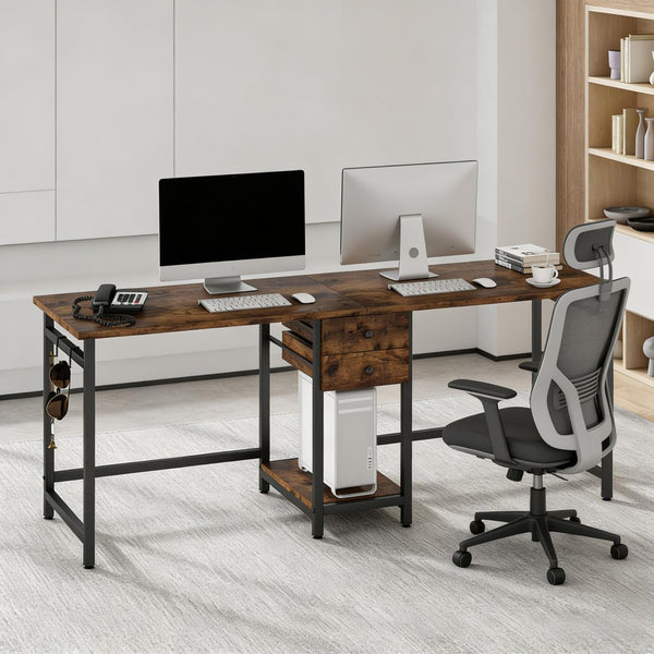 English Elm Computer Desk Two Person Wood Grain Workstation with Drawers for Shared Home Office Black,Rustic Brown T3971P453399