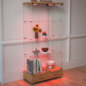 English Elm Modern Glass Display Cabinet With Led Lighting, 2 Drawers & 4 Shelves For Stylish Storage Solutions W241S00060