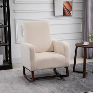 English Elm HOMCOM Modern Linen Accent Rocking Chair with Solid Curved Wood Base, Padded Seat, Cream White W2225P217426