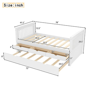 English Elm Twin Solid Wood Platform Bed with Trundle and Two Drawers, White Daybed for Kids Guests Off White W1580S00262