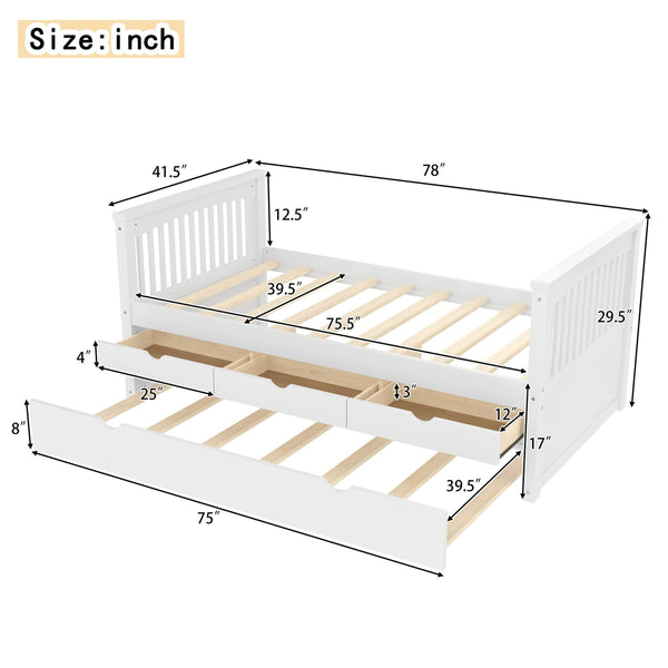English Elm Twin Solid Wood Platform Bed with Trundle and Two Drawers, White Daybed for Kids Guests Off White W1580S00262