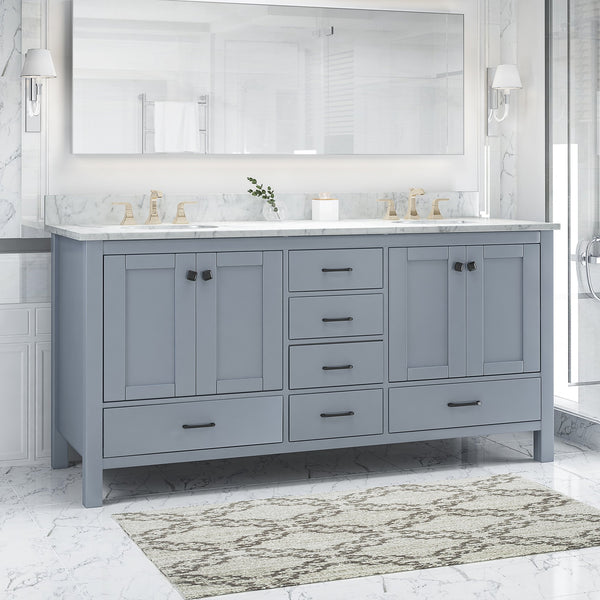 English Elm Christopher Knight Home® - 73'' Luxury Bathroom Vanity with Marble Top & Dual Ceramic Sinks, Freestanding 4-Door 3-Drawer Cabinet Grey N759S999017E