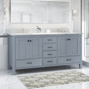 Christopher Knight Home® - Noble House - - 73'' Bathroom Vanity With Marble Top & Double Ceramic Sinks, 4 Doors, 6 Drawers, Grey