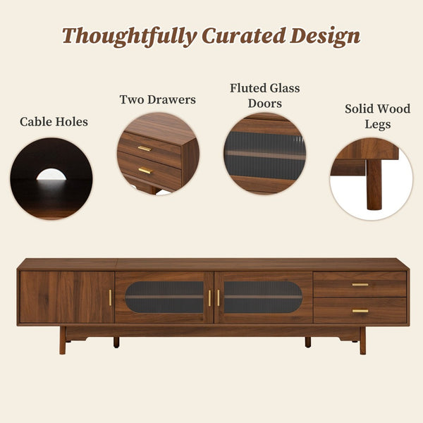 English Elm 78inch Walnut Entertainment Center Fluted Glass Solid Wood Legs Modern Living Room N710P362203P