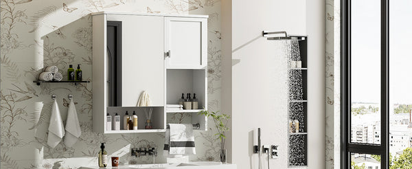 English Elm 29'' Modern Wall Mounted Medicine Cabinet with Mirror, Spacious Adjustable Shelves, Towel Bar and Durable MDF Finish White N710P209440K