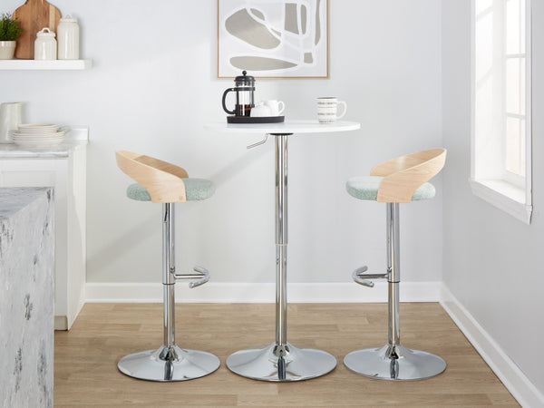 English Elm Adjustable Swivel Barstools Set of 3 Chrome Base Natural Wood Green Fabric Seat B202S02018