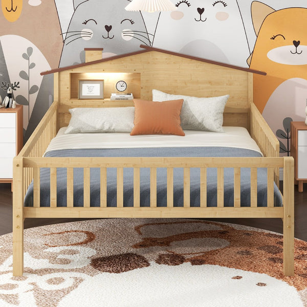 English Elm Full Full Size Wood Platform Bed with House Headboard, LED Lights & Built-In Storage, Natural Finish N709P184430M