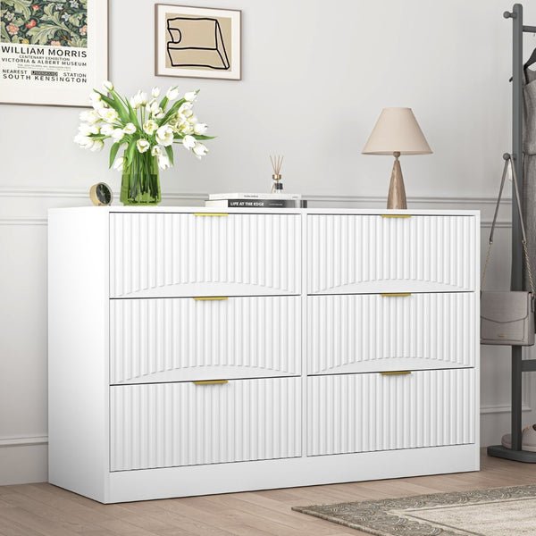 English Elm Modern Six Drawer Chest with Wavy Textured Fronts Sleek Matte Storage for Any Room White W409P307526