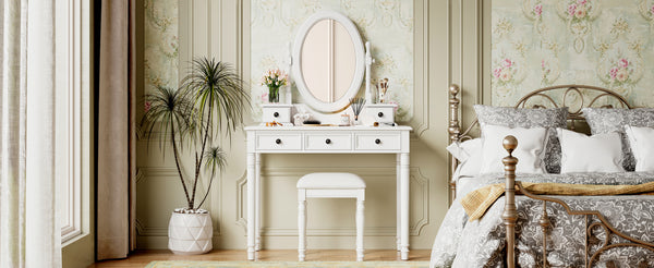 English Elm Vanity Vintage Wooden Makeup Desk with 180° Adjustable Mirror, 5 Velvet‑Lined Drawers & Cushioned Stool White 52.7 L x 22.5 W x 11 H N733P305139K