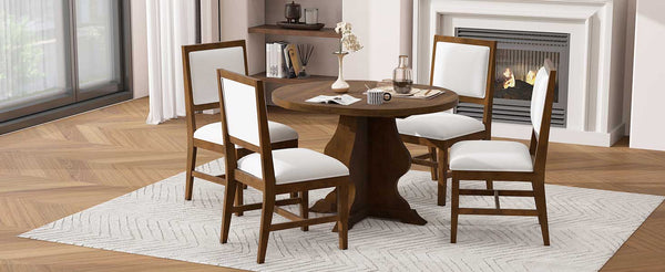 English Elm TREXM Extendable Farmhouse Dining Set with 4 Upholstered Chairs, Solid Rubberwood Frame, Durable Finish Brown ST000150AAP