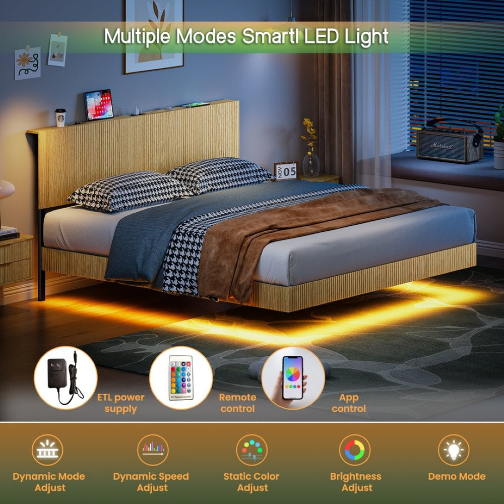 English Elm Oak Queen Floating Bed Walnut Finish Wavy Headboard Led Lighting Built in Charging W1820P408091
