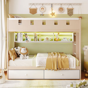 English Elm Twin Castle Bunk Bed with Led Lighting Built-in Shelf and Storage Drawers for Kids White LT000158AAK