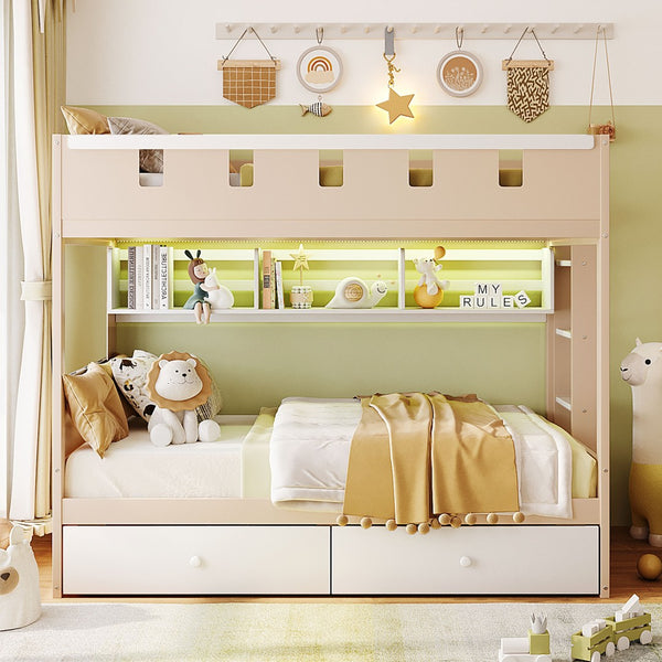 English Elm Twin Castle Bunk Bed with Led Lighting Built-in Shelf and Storage Drawers for Kids White LT000158AAK