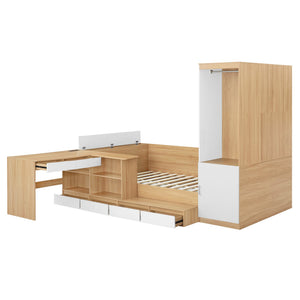 English Elm Full Size Wooden Platform Bed With 6 Drawers, Desk, Shelves & Wardrobe - Stylish Natural Finish N820S00060N