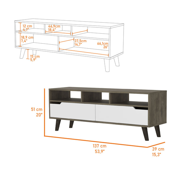English Elm Hamburg Modern TV Stand for TVs up to 60" — Dark Walnut-White, 3 Open Shelves, 2 Cabinets, 4 Legs B128P148920