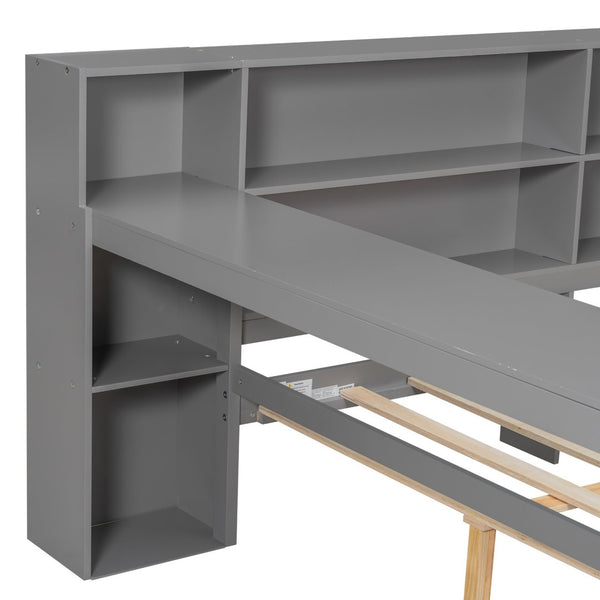 English Elm Wood Full Platform Bed with Led Headboard Built-in Desk Charging Station and Storage Shelves Grey N7090001047E-1