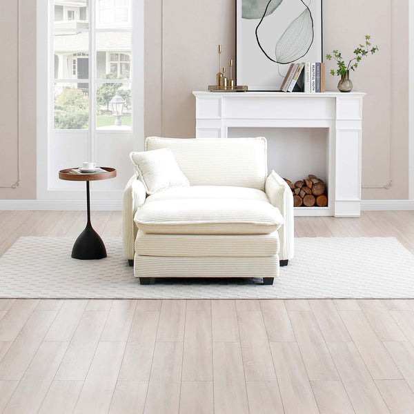 English Elm Single Deep Seat Sofa with Footstool and Pillow in Plush Corduroy, Retro Chic Comfort for Living Spaces White W714S00676