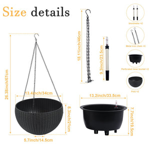 English Elm 13.4 Inch Rattan Texture Self Watering Hanging Planter with Reservoir for Balcony Black W3213P383075
