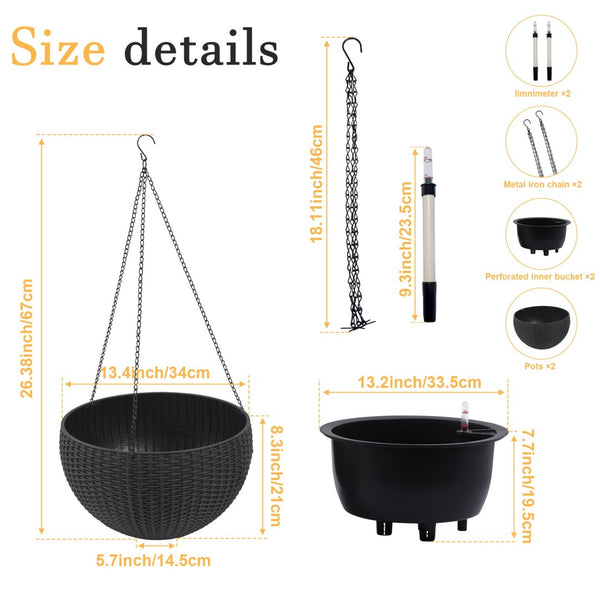 English Elm 13.4 Inch Rattan Texture Self Watering Hanging Planter with Reservoir for Balcony Black W3213P383075