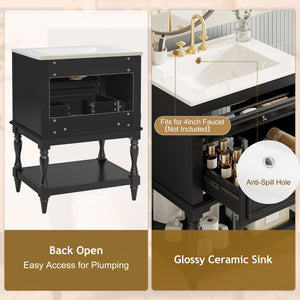 English Elm 24'' Retro Bathroom Vanity Mdf Cabinet with Ceramic Sink Open Shelf and 2 Drawers Black N710P405414B