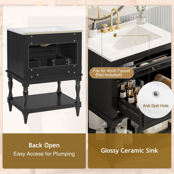 English Elm 24'' Retro Bathroom Vanity Mdf Cabinet with Ceramic Sink Open Shelf and 2 Drawers Black N710P405414B