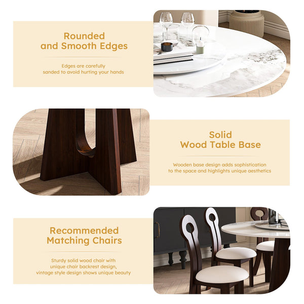 English Elm Modern Marble Dining Table With Lazy Susan, 59" Sintered Stone Top & Walnut Base For 6-8 People W2700S00013