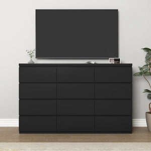 English Elm 12 Drawer Wide Double Dresser Modern Symmetrical Wood Storage Chest for Bedroom Black W409S00016