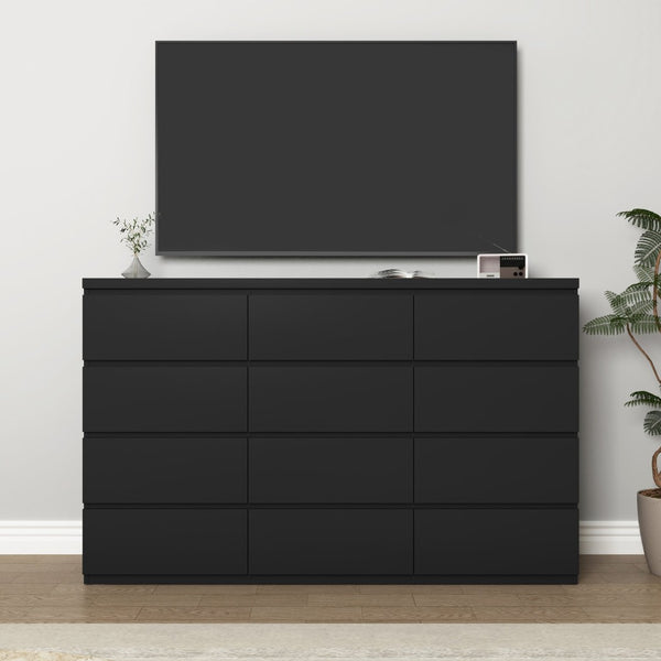 English Elm 12 Drawer Wide Double Dresser Modern Symmetrical Wood Storage Chest for Bedroom Black W409S00016