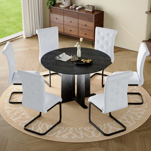 English Elm Modern Round Pedestal Dining Set Six Tufted Pvc Chairs Black White Kitchen W3875S00077