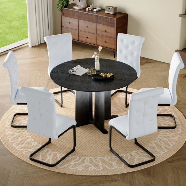 English Elm Modern Round Pedestal Dining Set Six Tufted Pvc Chairs Black White Kitchen W3875S00077